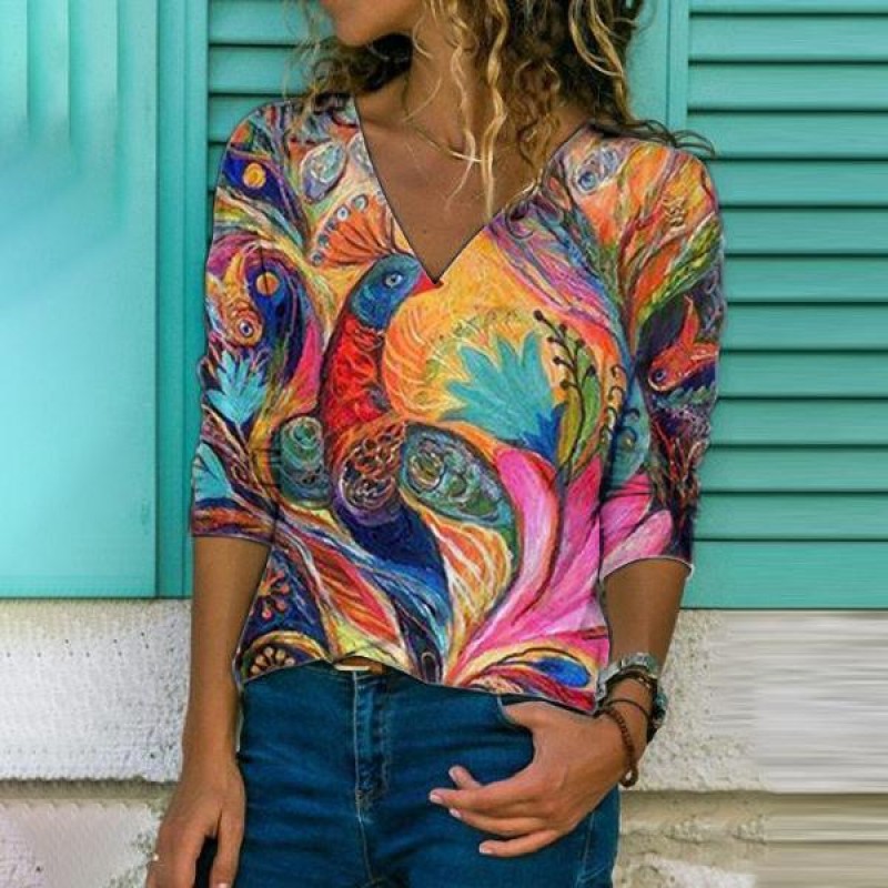 Romantic Printed V-Neck Long Sleeve Top