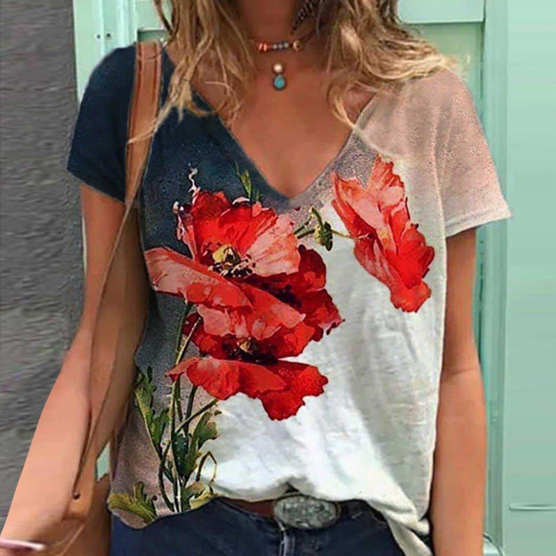 Casual V-Neck Printed Short Sleeve Top