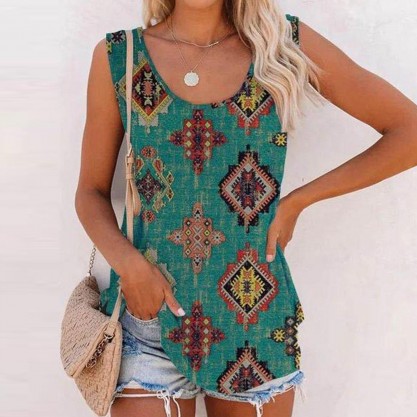 Chic Round Neck Print Sleeveless Top