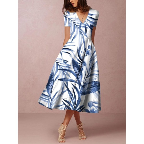 Elegant V-Neck Print Midi Dress