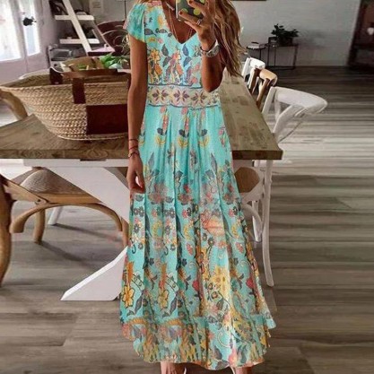 Groovy Print Short Sleeve Maxi Dress