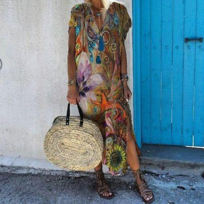 Groovy Print Short Sleeve Maxi Dress