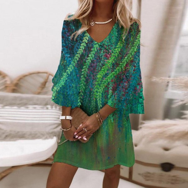 Trendy Print V-Neck 3/4 Sleeve Mini Dress