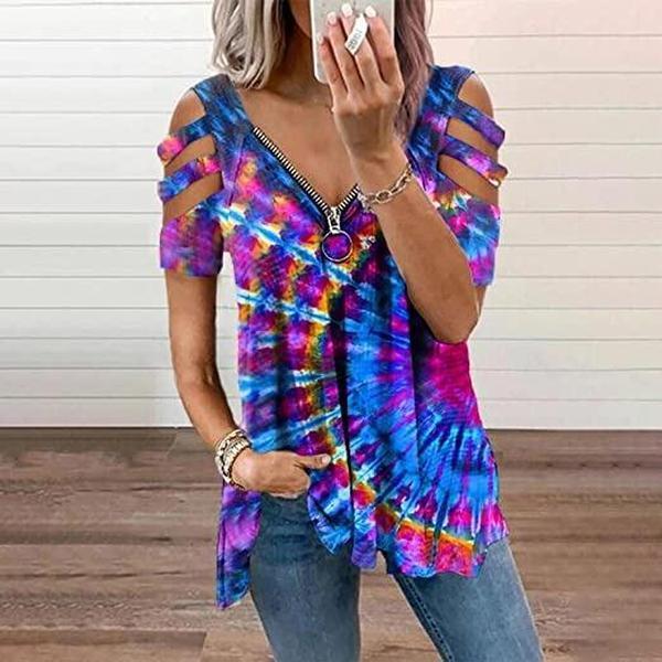 Showy V-Neck Short Sleeve Tie Dye Top