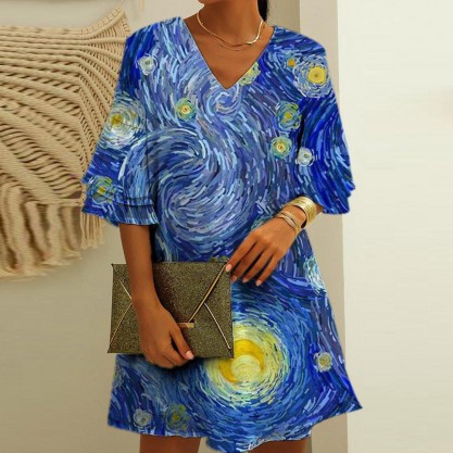 Vintage Print V-Neck 3/4 Sleeve Mini Dress