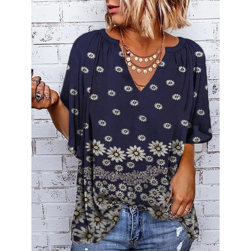 Classy Print V-Neck Short Sleeve Top