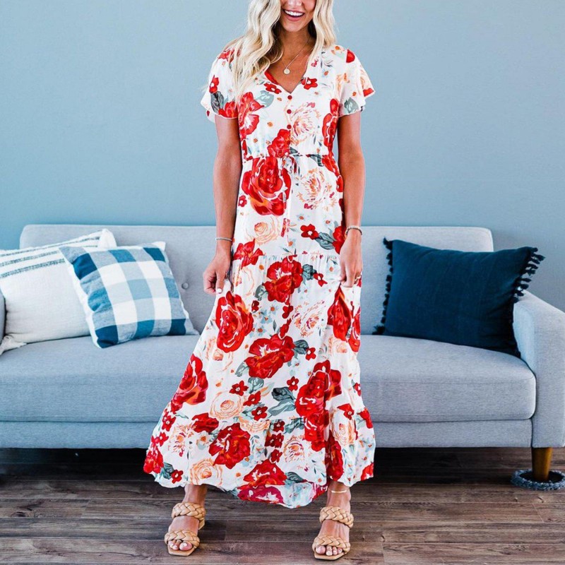 Romantic Floral Print Short Sleeve Maxi Dress