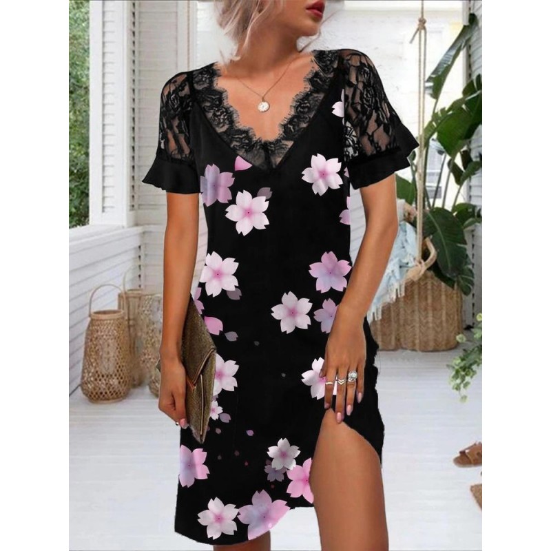 Romantic Floral Print Short Sleeve Mini Dress