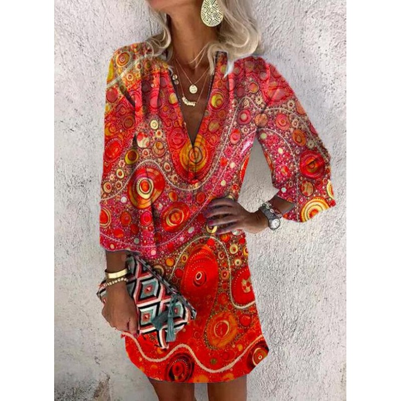 Romantic Print Deep V-Neck Mini Dress