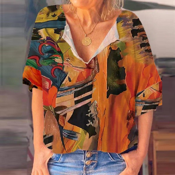 V-Neck Short Sleeve Abstract Print Top