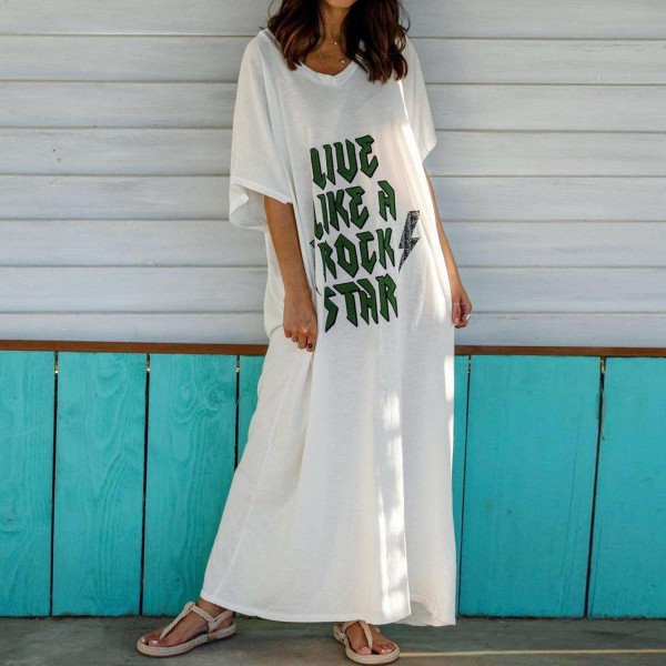 Basic Letter Print Short Sleeve Maxi Dress