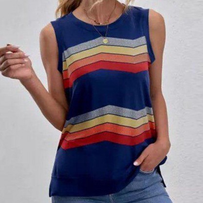 Casual Round Neck Print Sleeveless Top