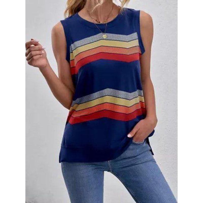 Casual Round Neck Print Sleeveless Top