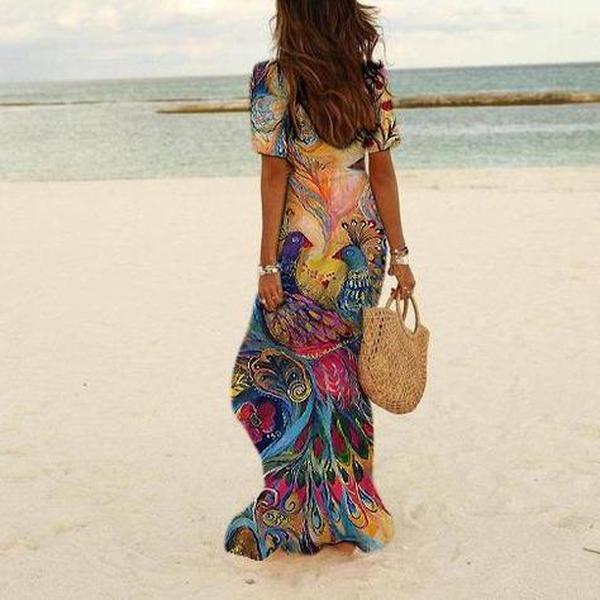 Chic Peacock Print Short Sleeve Maxi Dress