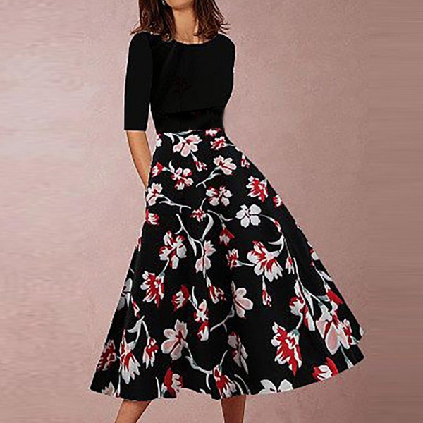 Elegant Print Round Neck Midi Dress