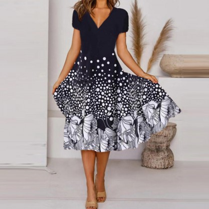 Elegant Printed Short Sleeve Midi Dress