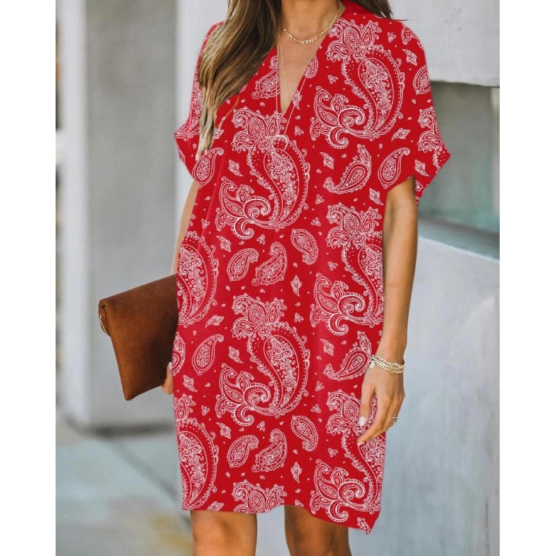 Elegant Red Print Short Sleeve Mini Dress