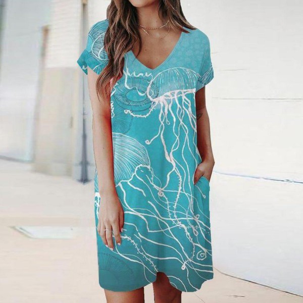 Fresh Print Short Sleeve Mini Dress