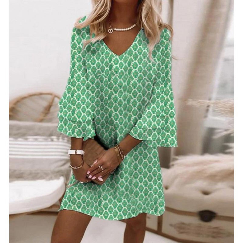 Fresh Print V-Neck 3/4 Sleeve Mini Dress