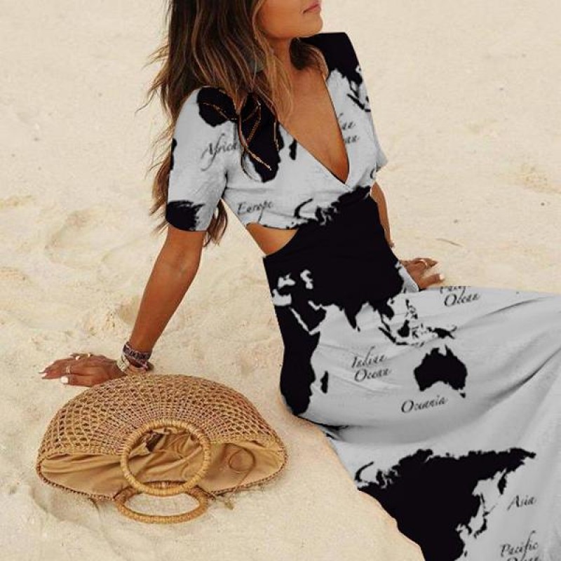 Glamorous Deep V-Neck Print Maxi Dress