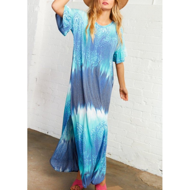 Groovy Tie Dye Print Short Sleeve Maxi Dress