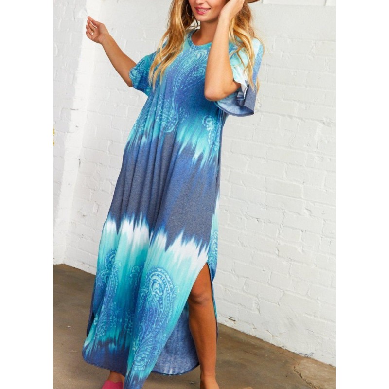 Groovy Tie Dye Print Short Sleeve Maxi Dress